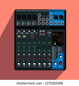 Musical equipment. Analog audio mixer in the style of flat design. The image of a musical instrument for recording studios and rehearsals. Accurate in details. With shadow on colorful background.