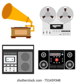 Musical equipment. Gramophone, bobbin tape recorder, cassette tape recorder, music center. Flat design, vector illustration, vector.