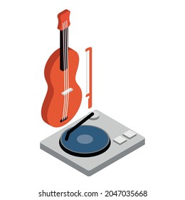 Musical equipment icon isometric vector. Wooden classic violin and record player. Music concept, hobby and leisure