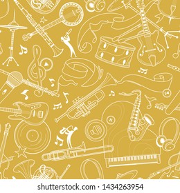 Musical equipment and instruments hand drawn outline seamless pattern. Trombone, sax line art texture. White contour brass, string instruments on yellow background. Classical concert textile design