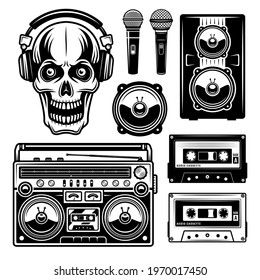 Musical equipment and skull in headphones set of vector objects or design elements isolated on white background