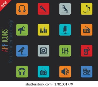 equipos musicales vectoriales colores web iconos de fondo oscuro para el diseño de interfaz de usuario