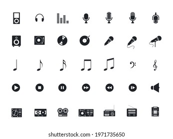 Musical equipment vector icons set. Radio, microphone, speaker, note, buttons, audio cassette, DJ remote, mixing console, treble clef, headphones, vinyl record, player, volume, sound, equalizer.