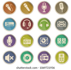 musical equipment web icons in the form of round paper labels