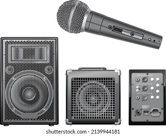 Musical equipment without a background. Amplify, speakers and microphone.