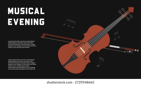 Modelo de cartaz musical da noite com violino diagonal e nota flutuante no fundo escuro Ilustração vetorial