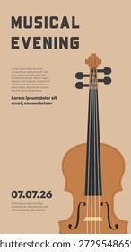 Modelo de cartaz musical da noite com grande violino e bege quente design mínimo Ilustração vetorial