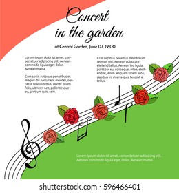 Musical event invitation template. Open air summer concert banner with hand drawn music notes and roses.  Jazz party poster or card. Vector illustration