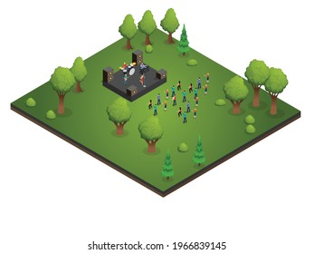 Musical event vector concept. Crowd young people dancing together and enjoying music from music band performance in the park