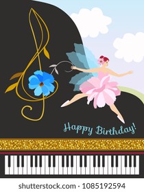 Musical fairy girl in pink tutu with treble clef in shape of cosmos flower and black concert grand piano. Happy birthday greeting card in vector.
