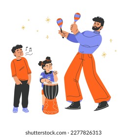 Musical Family with Dad and Kid Playing Instrument and Singing Vector Illustration