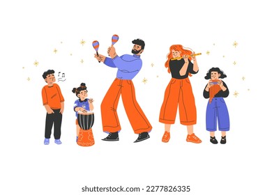 Musical Family with Parent and Kids Playing Instrument and Singing Vector Illustration