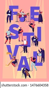 Musical Festival Concept with Musicians Playing Classical and Rock Instruments Performing on Stage. Music Concert and Culture Activity Poster Banner Flyer Brochure. Cartoon Flat Vector Illustration