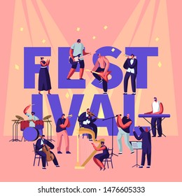 Musical Festival Concept With Musicians Playing Classical And Rock Instruments Performing On Stage. Music Concert And Culture Activity Poster Banner Flyer Brochure. Cartoon Flat Vector Illustration