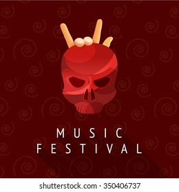 musical festival gesture rocker arm skull face red lightning. ILU sign electronic music event, logo icon for event party aggressive youth look. background seamless pattern spirals vector illustration