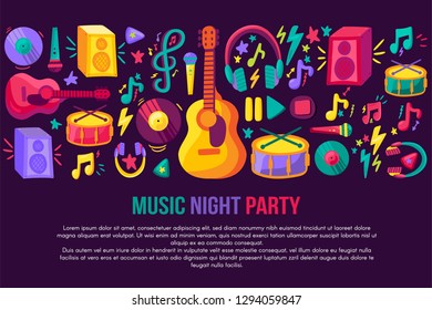 Musical festival invitation vector template. Flat music concert banner, flyer, poster design
