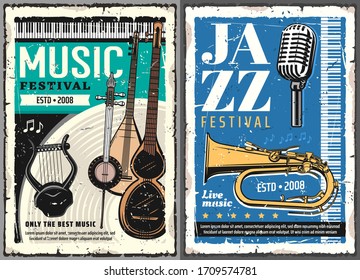 Musical festival of jazz and folk music grunge posters. Vector musical instruments, retro microphone and horn, piano keyboard, vintage lyre or cither, Turkish saz, Persian kamancheh and music notes