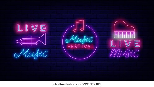 Musical festival neon labels collection. Circle frame with note icon. Live music badges for cafe, restaurant. Light advertisings set. Night club logotype. Glowing banner. Vector stock illustration