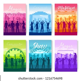 Musical festival on outdoor air park vector brochure cards set. The musical group performs song template of flyer, magazines, poster, books, banners. lifestyle invitation concept. Layout modern