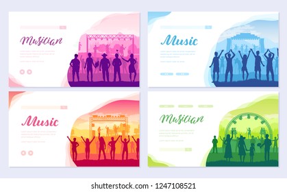 Musical festival on outdoor air park. The musical group performs song brochure card set. Lifestyle template of flyear, web banner, ui header, enter site. Layout invintation modern 