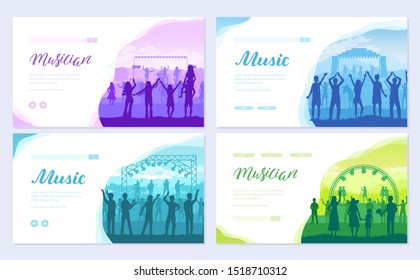 Musical festival on outdoor air park. The musical group performs song brochure card set. Lifestyle template of flyer, web banner, ui header, enter site. Layout invitation modern 