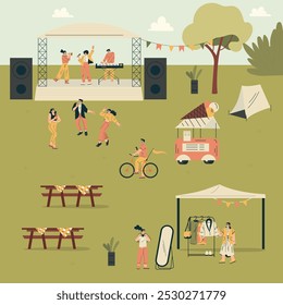 Musical Festival with People Dance and Listen to Music Outdoor Vector Illustration