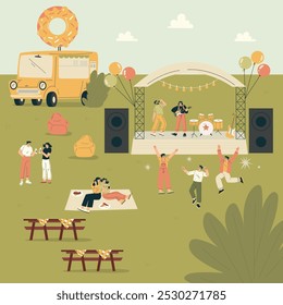 Festival Musical com Pessoas Dance e Ouça Música Ilustração de Vetor ao Ar Livre