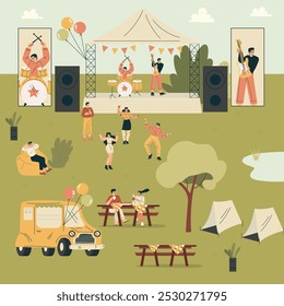 Musical Festival with People Dance and Listen to Music Outdoor Vector Illustration