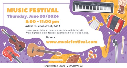 Musikalisches Festivalposter. Jazz- und Blues-Bands-Performance. Messing, Saiten und Perkussionsinstrumente. Orchesterkonzert. Parteiankündigung. Einladungs-Banner vor kurzem