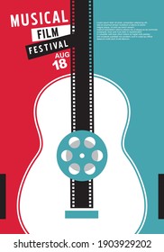 Musical Films Festival Unique Cinema Concept With Guitar Shape And Film Strip. Movie Event Poster Layout. Film Reel Design Elements Vector Illustration. 
