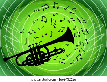 Musical flyer with black silhouette of trumpet on light green abstract circle and doodle patterned background and musical notes flying around instrument, vector design for a leaflet, flyer, banner