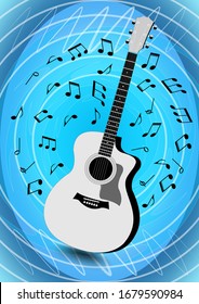 Musical flyer with monochrome guitar on light blue abstract circle and doodle patterned background and musical notes flying around instrument, vector design for a leaflet, placard, banner, bill, cover