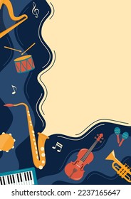 Musical flyer, poster, invitation template. Musical instruments and vinyl record. Guitar, synthesizer, violin, cello, drum, cymbals saxophone tambourine harp Vector illustration