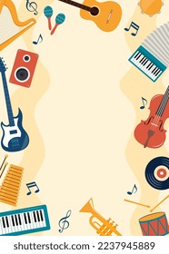 Musical flyer, poster, invitation template. Musical instruments and vinyl record. Guitar, synthesizer, violin, cello, drum, cymbals saxophone tambourine harp Vector illustration