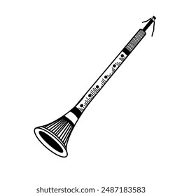 Musical folk instrument. Russian folk instrument - zhaleika, pipe, flute hand drawn in vector on a white background. Suitable for printing on fabric, posters, cards, invitations.