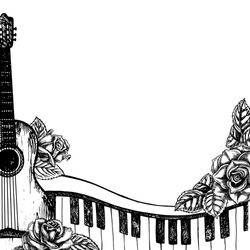Musical Frame With Guitars, Piano Keys, Roses, Graphic Vector Black And White Illustration. For Posters, Flyers And Invitation Cards. For Greeting Cards And Certificates.