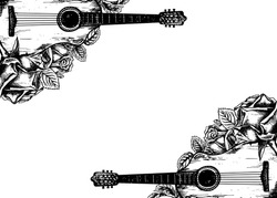Musical Frame With Guitars, Piano Keys, Roses, Graphic Vector Black And White Illustration. For Posters, Flyers And Invitation Cards. For Greeting Cards And Certificates.