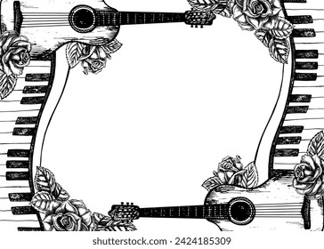 Musical frame with guitars, piano keys, roses, graphic vector black and white illustration. For posters, flyers and invitation cards. For greeting cards and certificates. - Powered by Shutterstock - Get 15% off with code: PIKWIZARD15