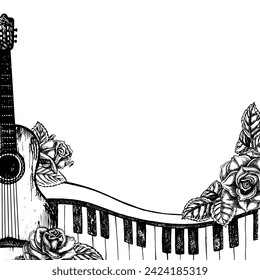 Musical frame with guitars, piano keys, roses, graphic vector black and white illustration. For posters, flyers and invitation cards. For greeting cards and certificates. - Powered by Shutterstock - Get 15% off with code: PIKWIZARD15