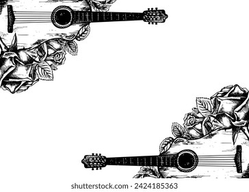 Musical frame with guitars, piano keys, roses, graphic vector black and white illustration. For posters, flyers and invitation cards. For greeting cards and certificates.