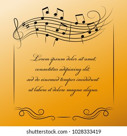 Musical frame with place for text on golden background.  Poster or banner for classical music. Design for a music festival, concert.