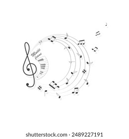 Musical frame. Vector treble clef, notes and staff on a white background. Pay attention to the background. Design of an emblem for a musical gift, decoration for a holiday, party, concert program. 