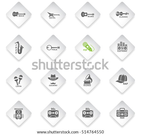 musical genre flat web icons on color photo cards for user interface