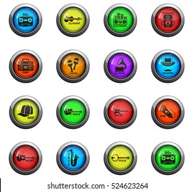 musical genre icons on color round glass buttons for your design