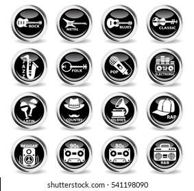 musical genre icons on stylish round chromed buttons