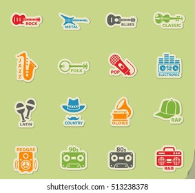 musical genre web icons on color paper stickers for user interface