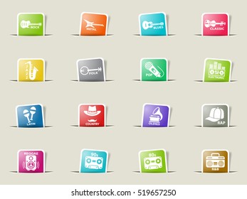 musical genre web icons on color paper bookmarks