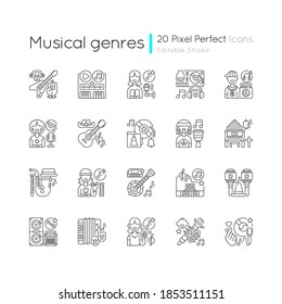 Musical genres pixel perfect linear icons set. Heavy metal songs. Singers and musical instruments. Customizable thin line contour symbols. Isolated vector outline illustrations. Editable stroke