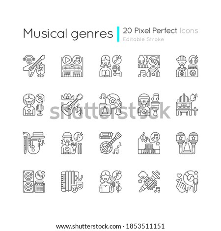 Musical genres pixel perfect linear icons set. Heavy metal songs. Singers and musical instruments. Customizable thin line contour symbols. Isolated vector outline illustrations. Editable stroke