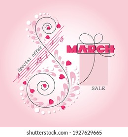 Musical gift. International Womens Day. March, 8. Greeting card, frame with hearts in a spiral and gift. Design for holiday discounts and sales. Vector illustration. 